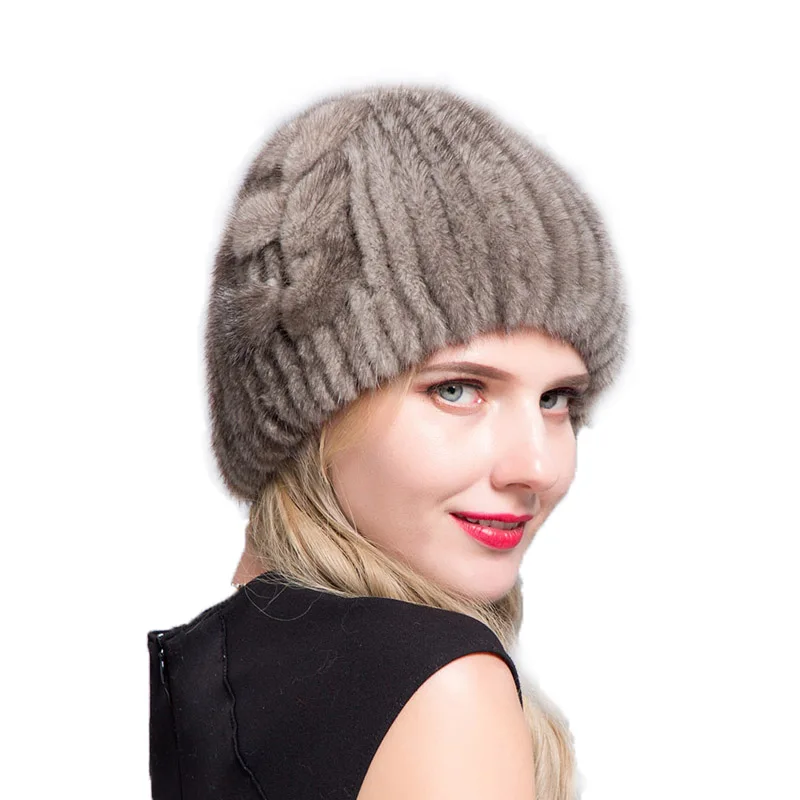 

JERYAFUR 2018 Winter Women's Fashion Mink Fur Ski Cap Snow Trip Pullover Cap Water Diamond Decorative Molded Fur Cap