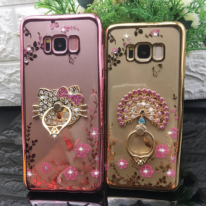 Luxury Diamond Kitty Cat Ring TPU Case For Samsung Galaxy S7 edge S6 S8 plus J5 J7 J3 2017 EU J530 Rhinestone Plating Back Cover (1)
