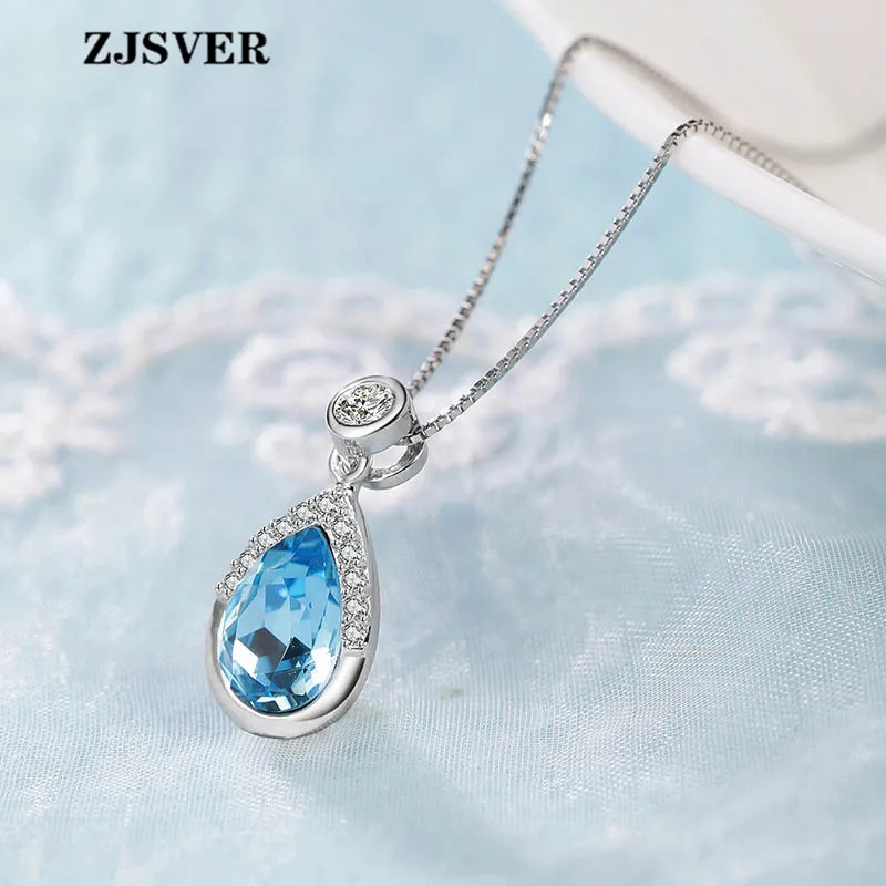 

ZJSVER Water Drop Blue Crystal Pendant Fashion Silver Box Chain Women Necklace Fine Jewelry 925 Sterling Silver Necklace