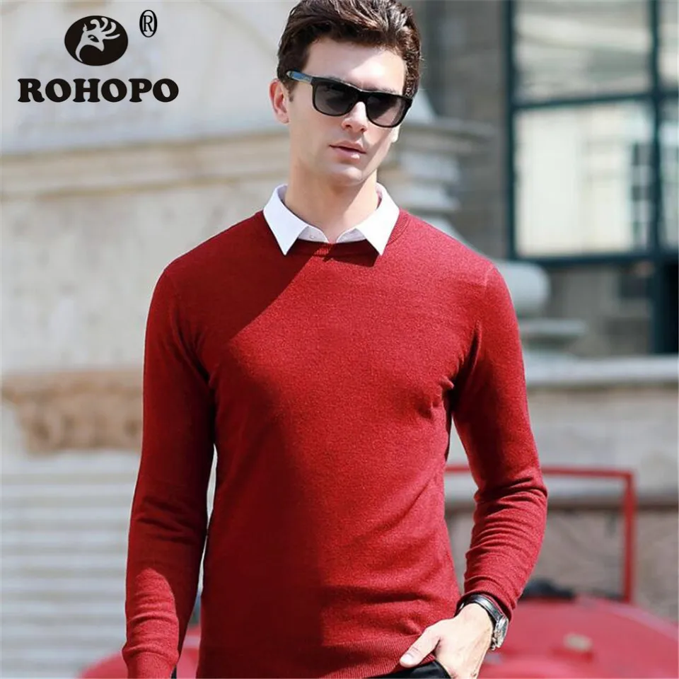 

ROHOPO 100% Wool Sweater Men 2019 Oneck Dress Man Keep Warm Autumn Pullover Wool Under Knittedshirts Spring Knitting Sweaters