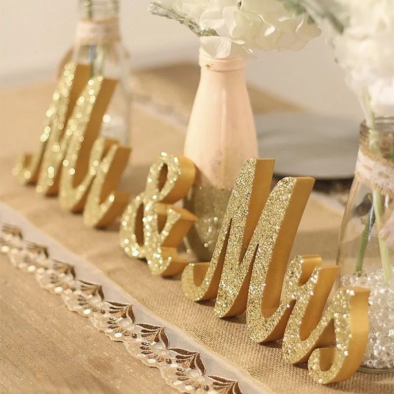 3Pcs/set Wooden MR & MRS Wedding Signs Gold Wooden Wedding Table Numbers Letters Decoration Valenti