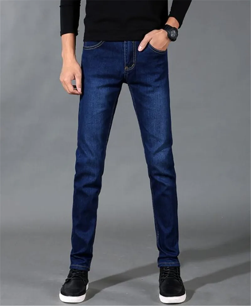 Осенние классические брюки новые мужские Модные джинсы деловые повседневные Стрейчевые Узкие синие джинсы джинсовые длинные брюки мужские