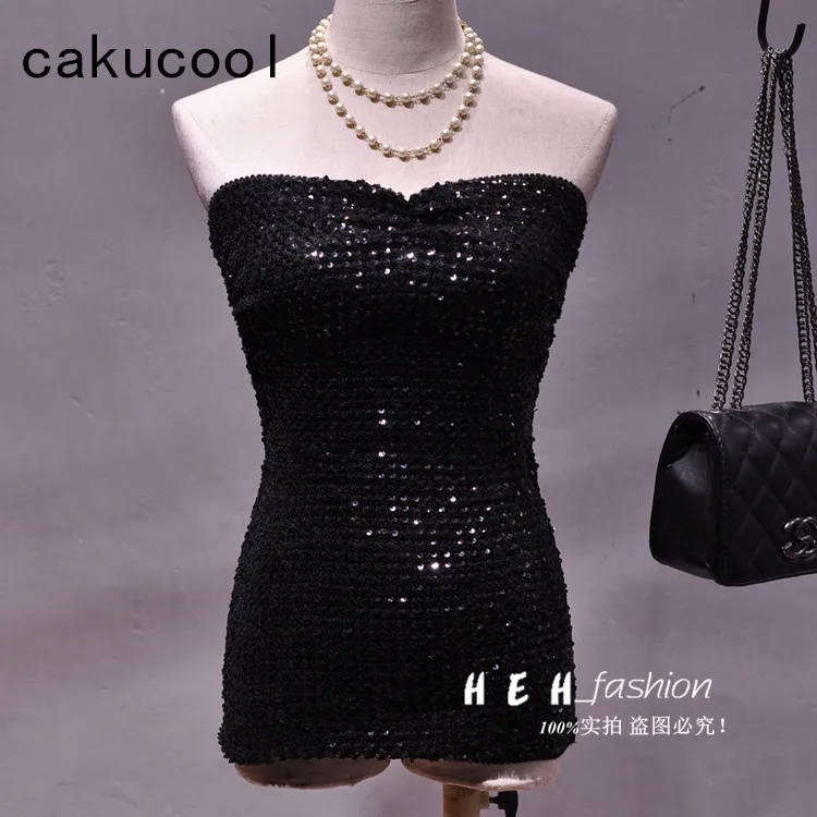 

Cakucool Hot Women Summer Tube Top Backless Sexy Sequined Camisole Strapless Tank Bling Club Basic Camis Top Feminino Spaghetti