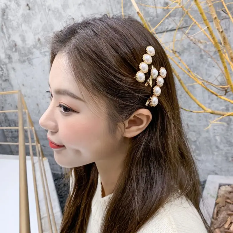 

Sweet Girls Irregular Metallic Trim Duckbill Korean Style Elegant Multi Round Imitation Pearls Hairpins Beaded Glitter Barrettes