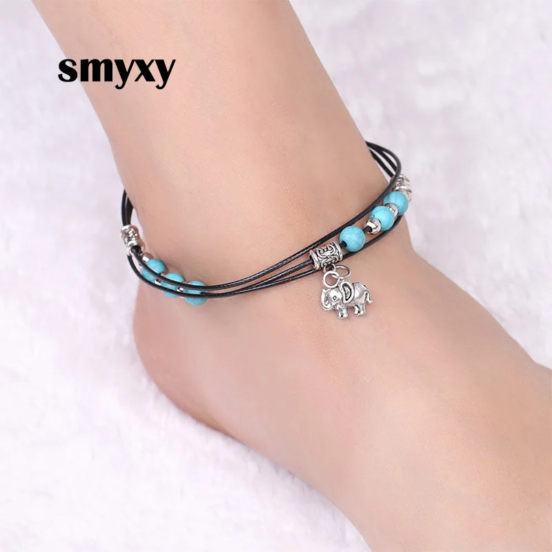 

Boho Vintage Multiple Layers Anklets for Women Elephant Leaves Pendant Charms Rope Chain Foot Ankle Bracelet Beach Jewelry