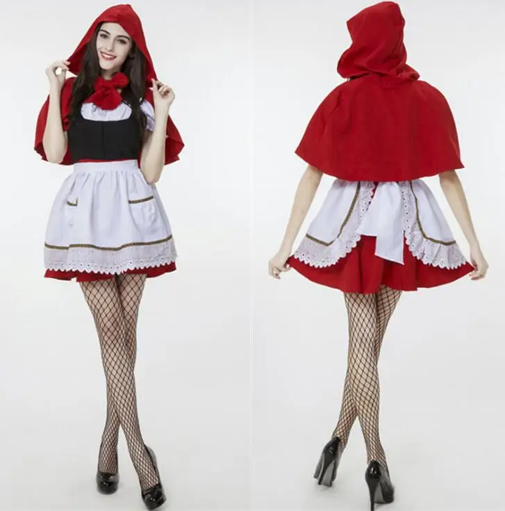 

New Super Cute Little Red Riding Hood Maid Servant Cosplay Costume Dress+Cape For Halloween Christmas Masqurade