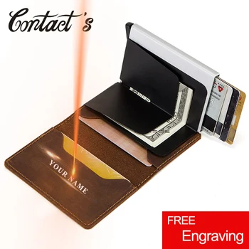 

Contact's Vintage Credit Card Holder Wallet Genuine Leather Card Case Metal Men Aluminium Blocking Holder for Cards Travel Purse