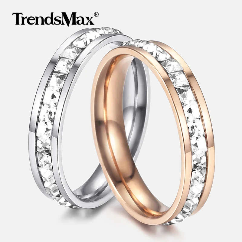 

Silver / Rose Gold Cubic Zircon Rings for Women Men Stainless Steel Ring Engagement Wedding Band Valentines Gifts 4mm KRM43