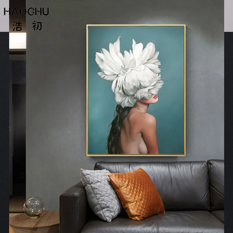 

HAOCHU Retro Posters and Prints Flowers Feather Sexy Women Character Wall Picture Canvas Painting For Living Room Decor Unframed