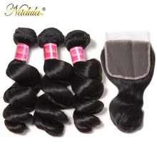 Nadula Capelli Brasiliani Onda Allentata Bundle Con Chiusura di Remy Dei Capelli Umani Bundle Con Chiusura 4*4 Svizzero Veletta nella chiusura Con fasci