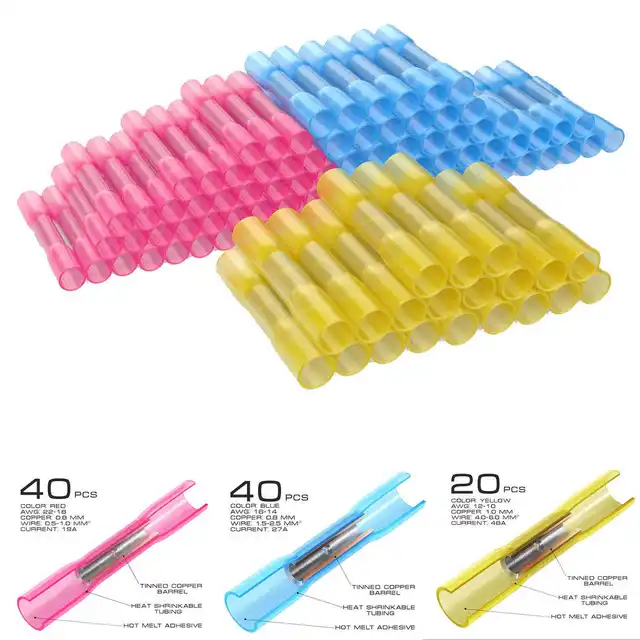 Heatshrink butt terminals electrical cable crimp connectors Red Blue /& Yellow