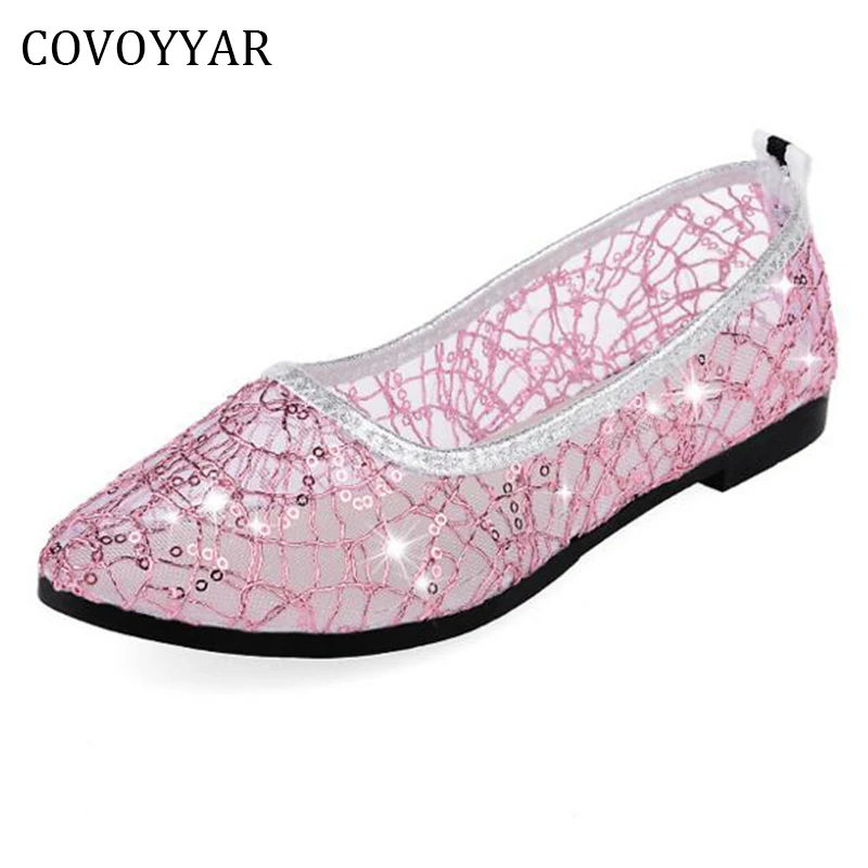 

COVOYYA2017 Glitter Women Shoes Summer Mesh Lace Breathable Ladies Ballet Flats Cut Out Casual Shoes Slip On Plus Size 40 WFS756