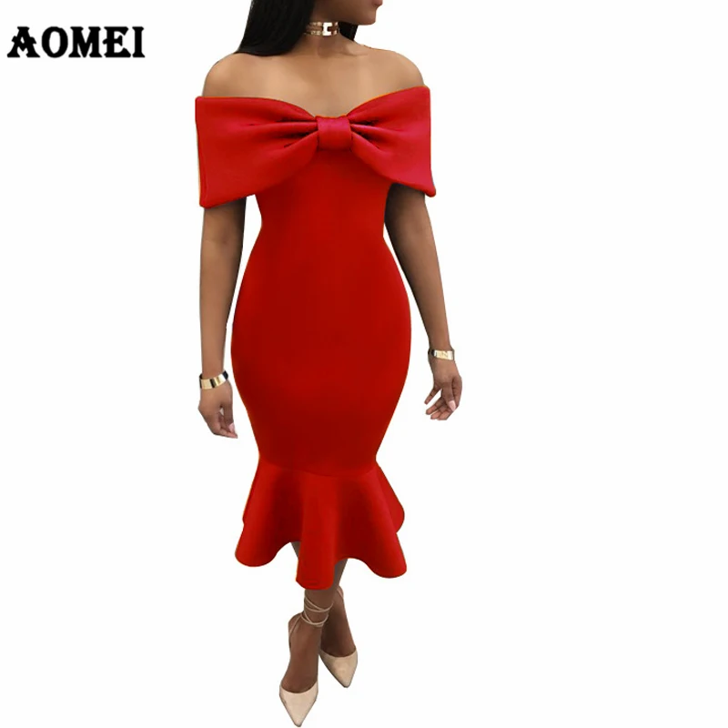 Kopen Sexy Afrikaanse Party Jurken Off Shoulder Bowtie Fishtail Sexy Party Nightout Avond Tight Club Wear Kleding Gewaden Femme Zomer