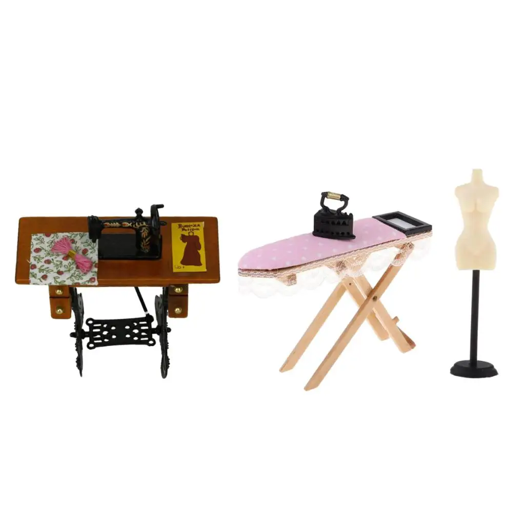 3pcs Dollhouse Miniature Ironing Board, Sewing Machine & Mannequin Model Stand Pretend Play Furniture Toys