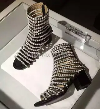 

SHOOEGLE Fashion Runway Sandals Women String Bead Shoes Gladiator Cut Outs Shoes Pearls Sandles Summer Heels Big size