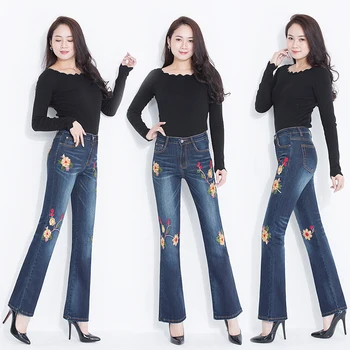 

Brand Pants 2019 Elastic Skinny Flare Pants Women Streetwear Embroidery Flower High Waist Jeans Female Blue Trousers Plus Size