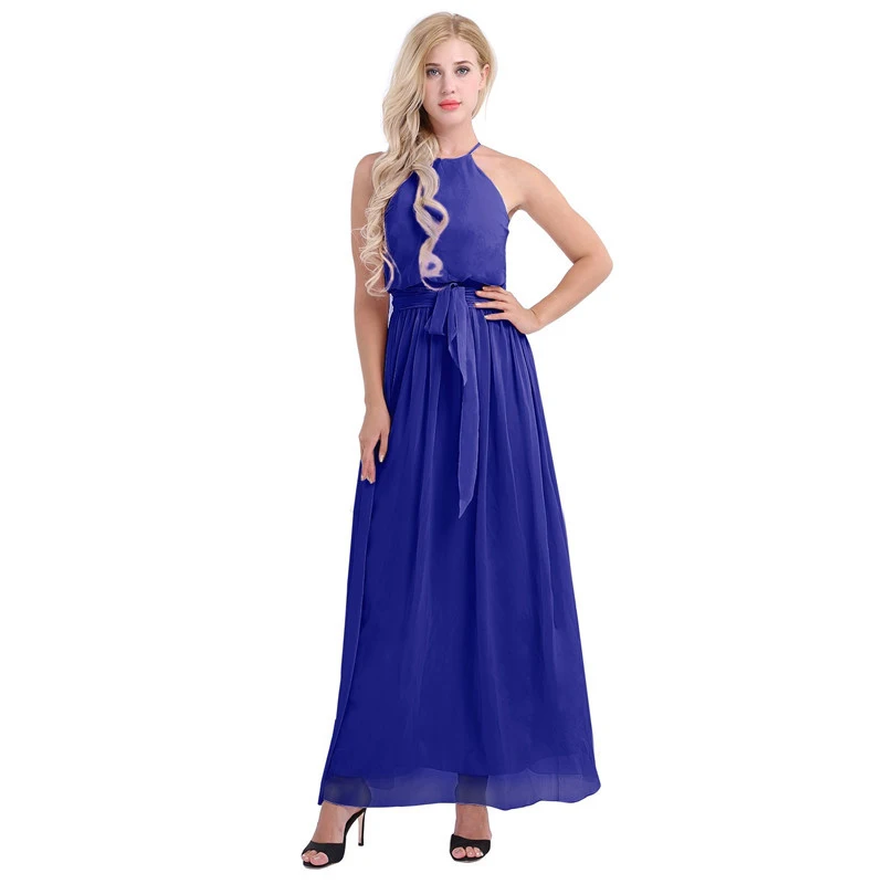 Vestido de Dama de Honra Festa de Casamento sem Mangas Vestido de Baile de Formatura Vestido de Comprimento Mulheres Senhoras Elegante Chiffon Longo Halter Completo 37 mangas halter vestido de baile de formatura