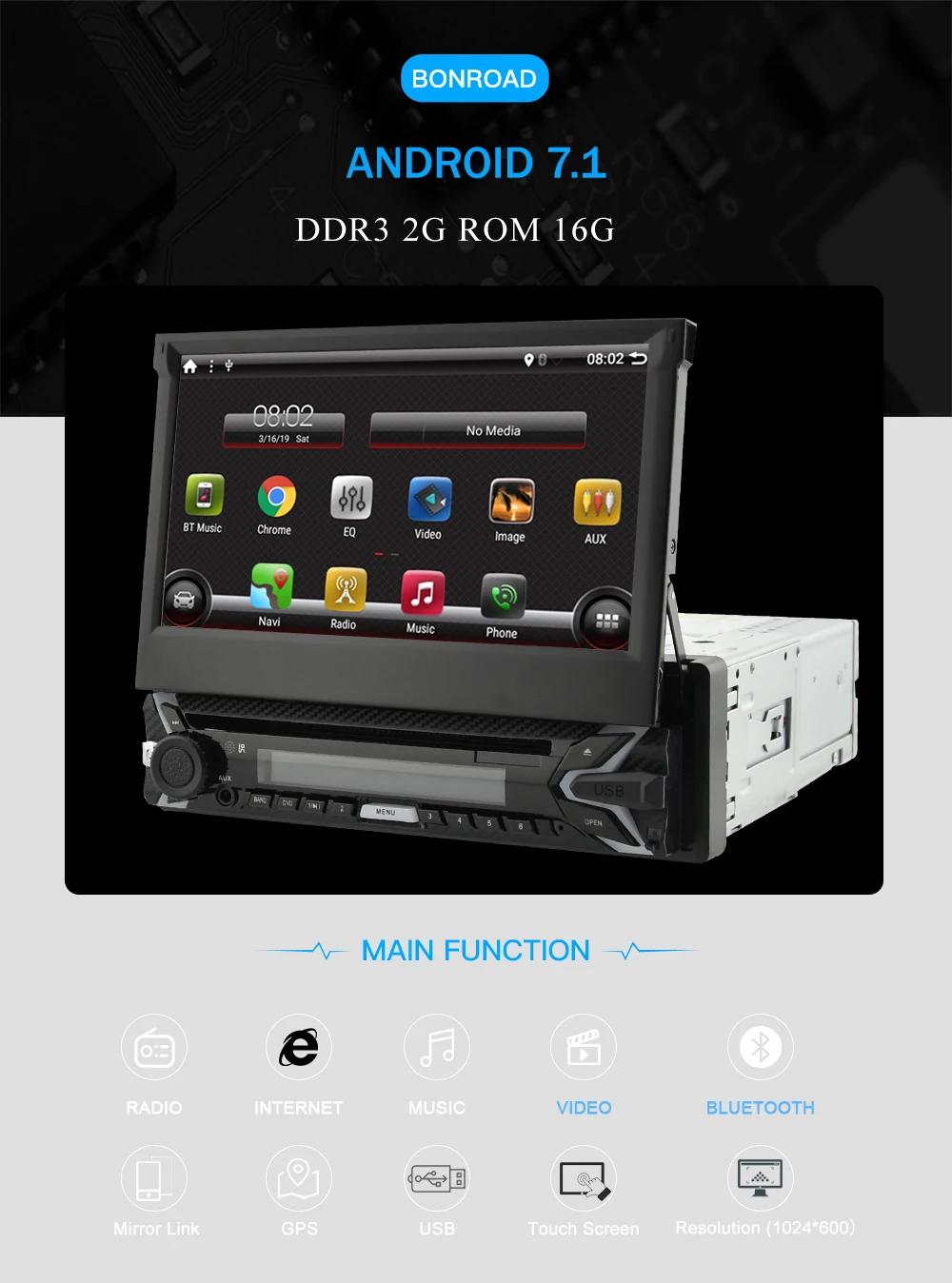 Sale Bonroad 7"1 din Universal Car DVD Radio Car Multimedia Player For Nissan For Hyundai For Kia GPS Navigation Wifi BT Radio 1