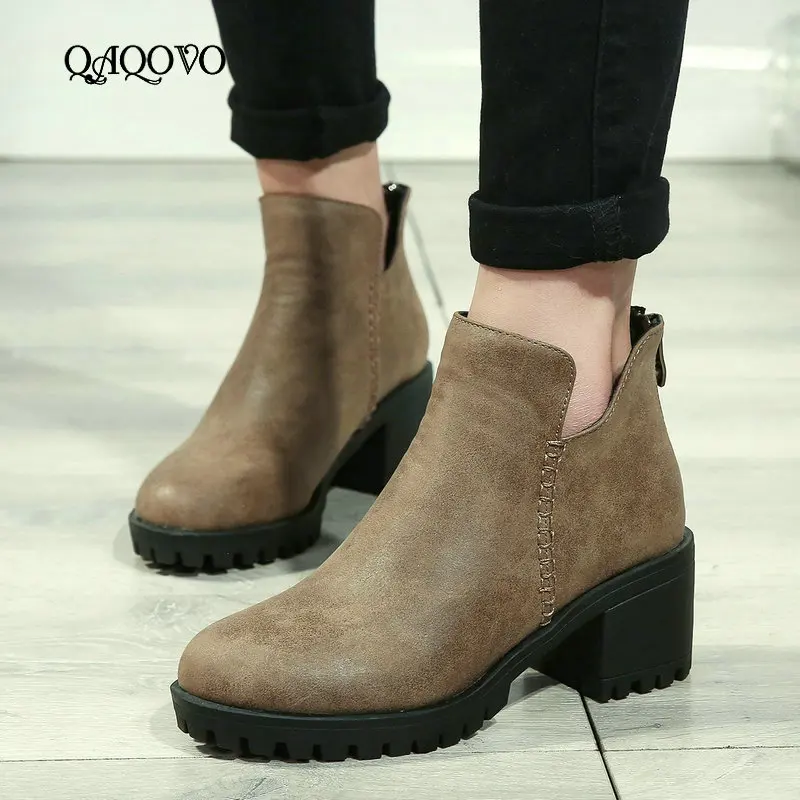 

Women Thick High Heel Ankle Boots Pu Leather Platform Zipper Boots Winter Warm Fur Bootie Square Heel Ladies Shoes Black Brown