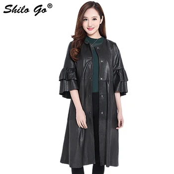 

Plus size fashion women high quality Sheep skin luxury cascade butterfly sleeve button black genuine leather long windbreaker
