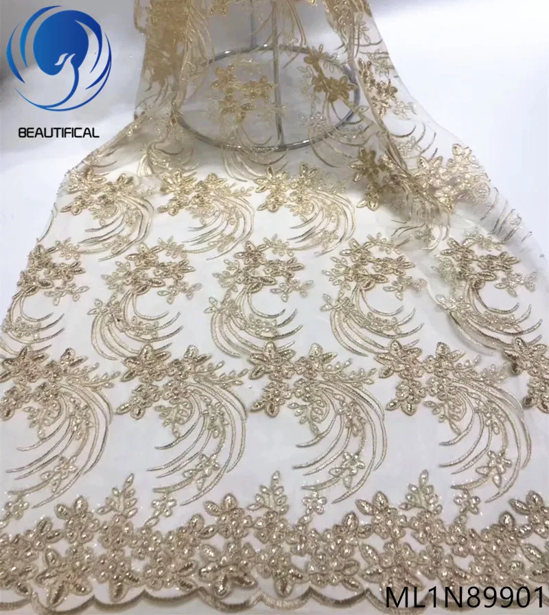

Beautifical french lace fabric embroidery net lace fabric for wedding 5yards/lot Latest design Nigerian lace sequins ML1N899