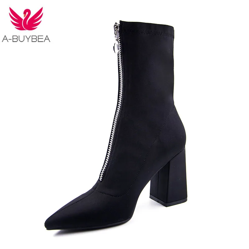

2018 New fashion Mid-Calf Stretch Fabric Sock Boots Women Pointed Toe High Heel Women Boots Brand Design Winter Boots Women