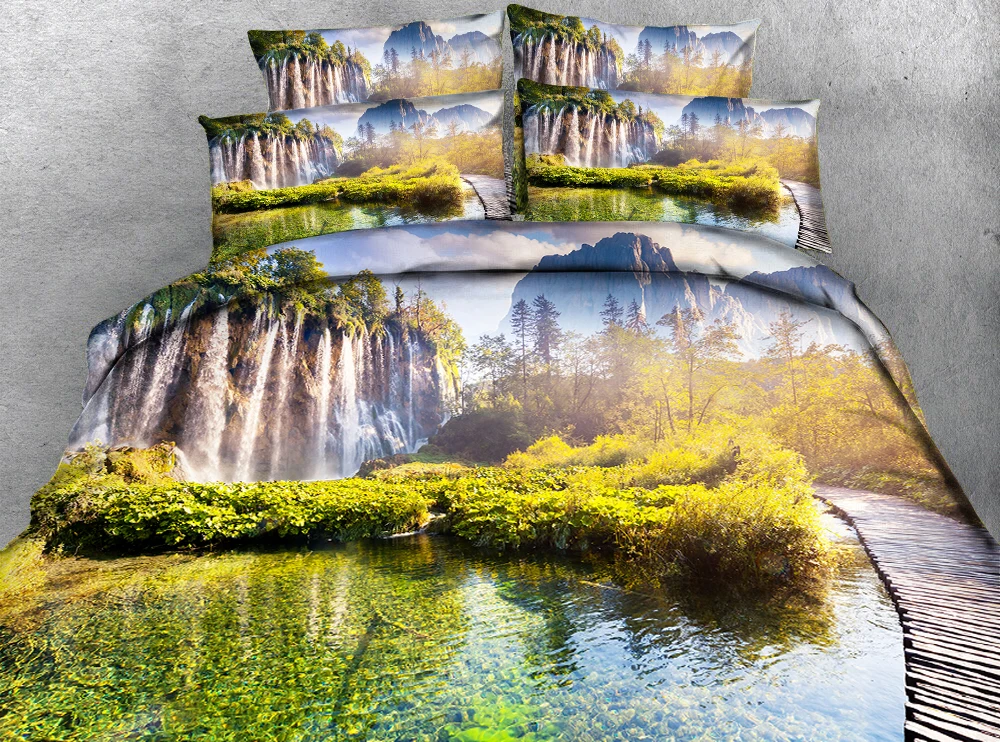 

3D effect photo beach natural scenery waterfall water stream bed linen can be customized photo pattern