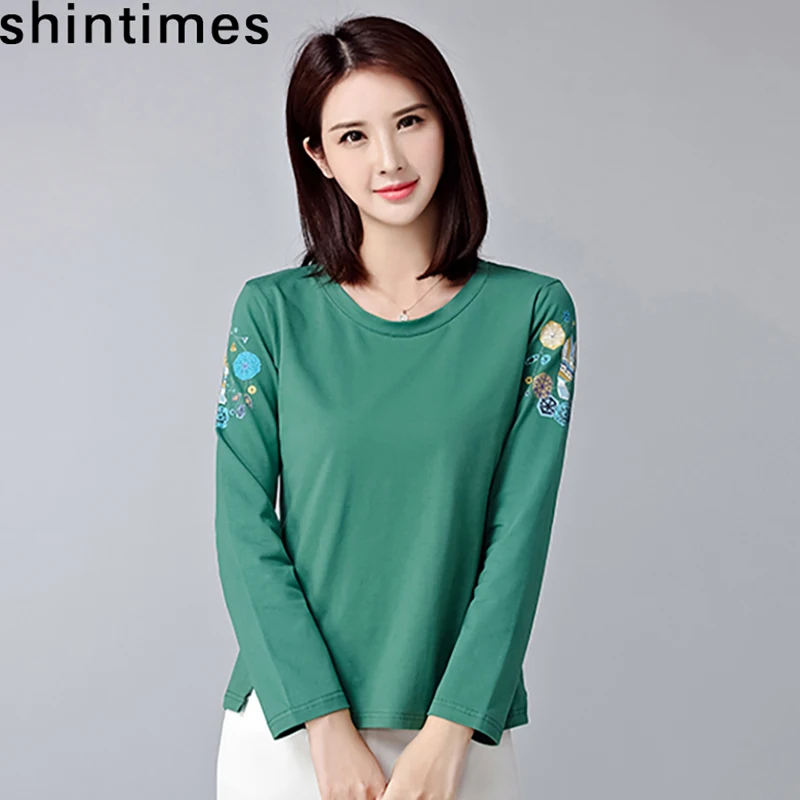 

shintimes Woman Fashion 2019 Women Tshirt Vintage Embroidery Long Sleeve Shirt Women T-Shirt Autumn Korean Fashion Chemise Femme