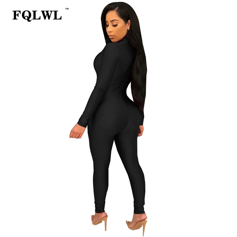 FQLWL, длинный рукав, черный сексуальный Облегающий комбинезон для женщин, на молнии, v-образный вырез, Обтягивающие Комбинезоны, женский комбинезон, женский комбинезон, уличная одежда, комбинезоны