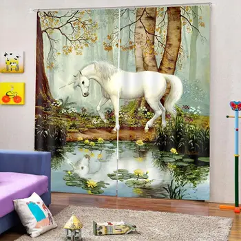 

Unicorn Horse Door Windows Curtains Floral Thin for Kids Living Room Bedroom Decorative Kitchen Curtains Drapes Customized