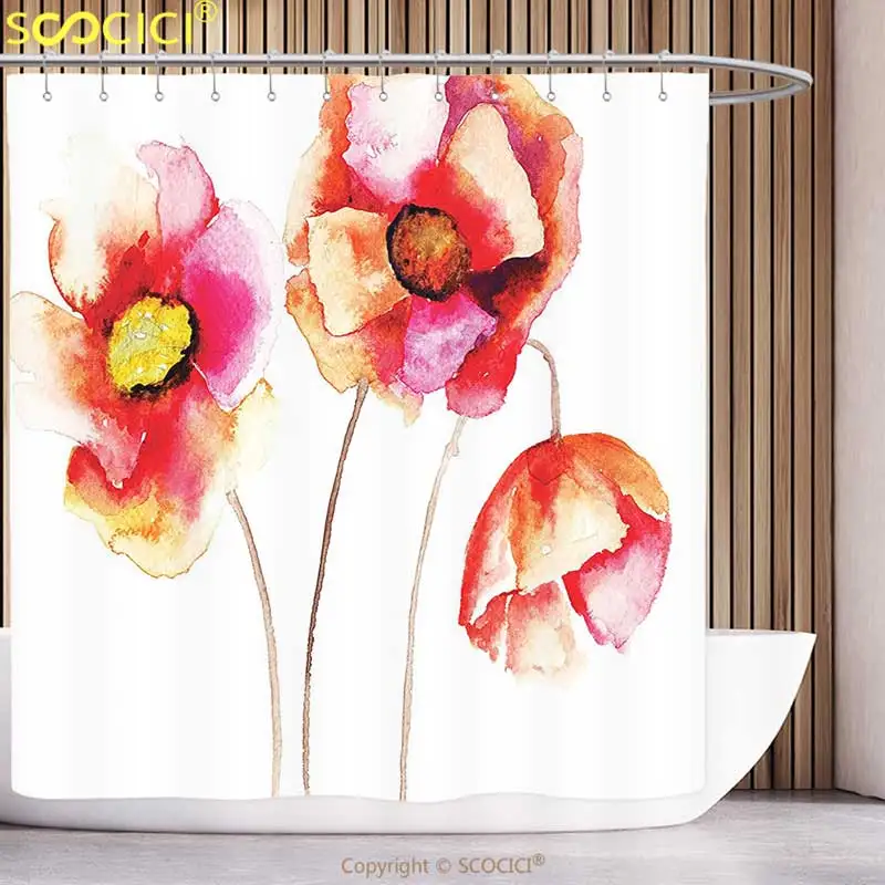 

Waterproof Shower Curtain Poppy Decor Watercolors Vibrant Poppies Graphic Peace and Death Symbol Flower Sedative Plant