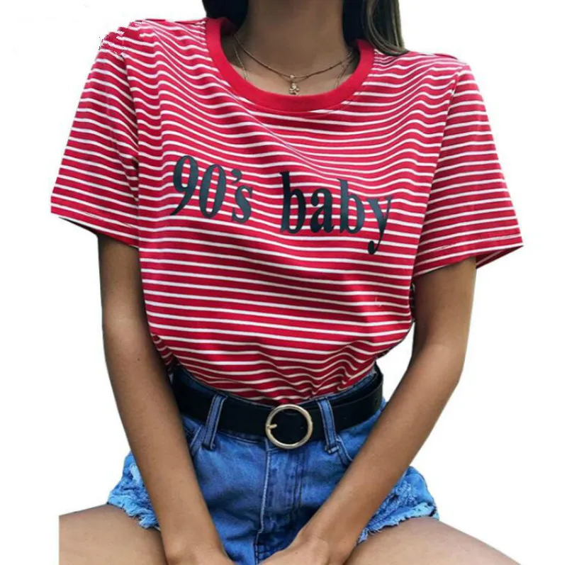 

Retro red, white striped T-shirt For women short sleeve Basic T-shirt summer Casual street boyfriend T-shirt 90 s children's top