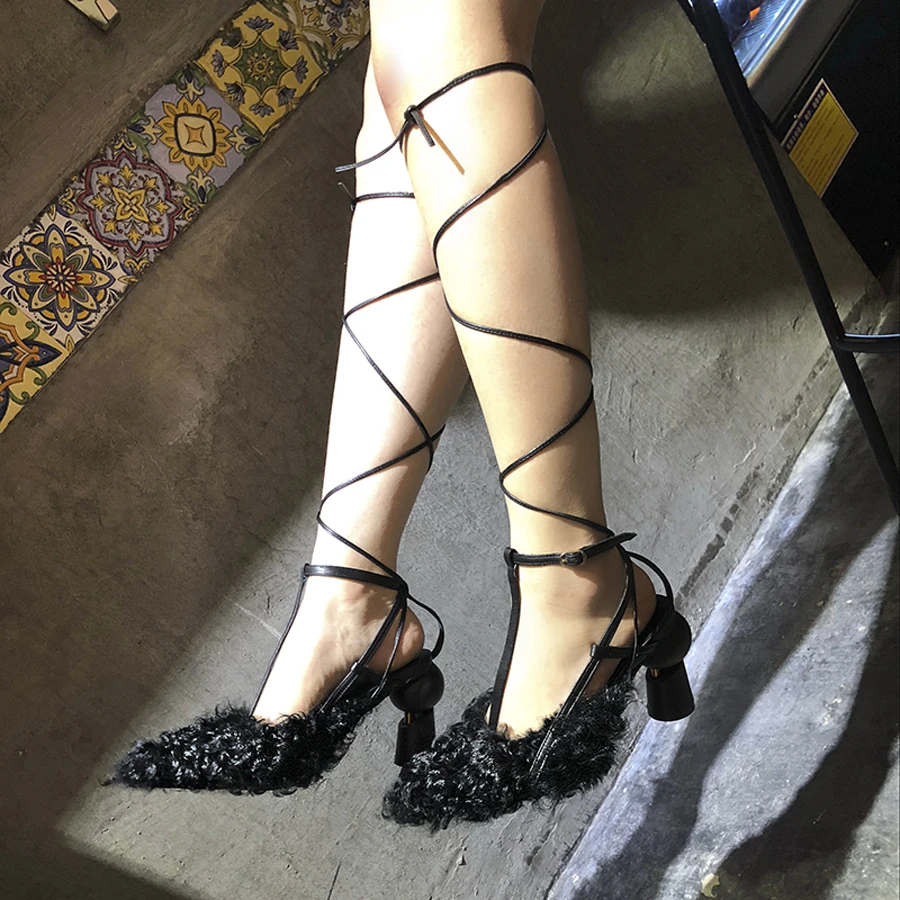 Prova Perfetto персональные Подиумные женские туфли-лодочки из шерстяного меха с острым носком и геометрическим дизайном свадебные туфли на высоком каблуке сандалии с перекрестной шнуровкой