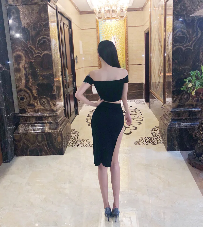 SLASH NECK Sexy women top quality black white red sleeveless v neck mini two piece Bodycon bandage dress wholesale