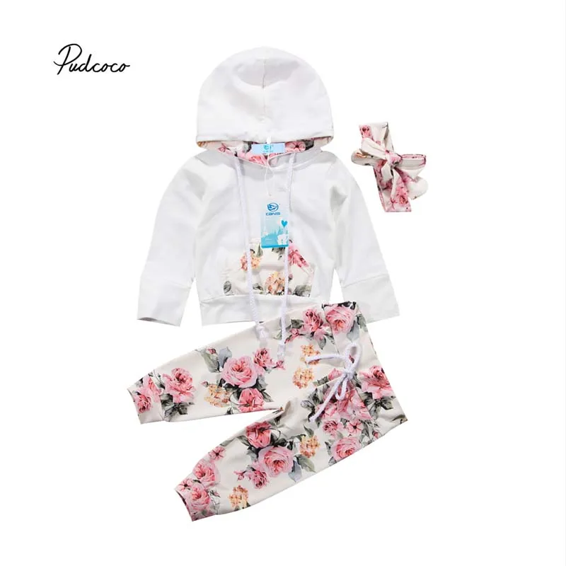 

Pudcoco 2018 Newborn Baby Girl Clothes Set Hooded Floral Pocket Sweat Shirt Top+Floral Long Pants Set Spring Autumn Outfit 0-24M