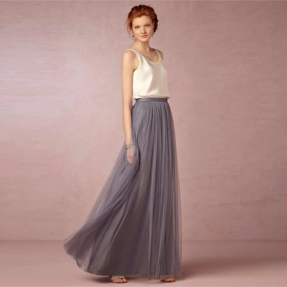 Elegant Tulle Skirt Gray Custom Made Satin Band Waistline Faldas Floor