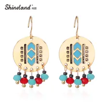 Shineland Retro Enamel Carved Jewelry Black Blue Earrings Beads Tassel Round Drop Earrings For Women Accessories Gift Wholesale