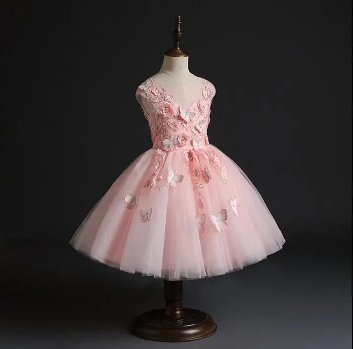 Розовое Тюлевое платье для новорожденных девочек на 1 день рождения платье с цветочным принтом и бабочкой для маленьких девочек на свадьбу платье для крещения младенцев - Цвет: Розовый
