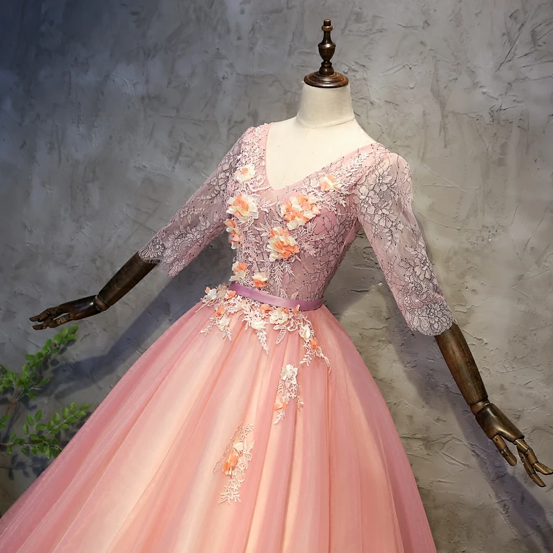 Розовое Бальное Платье кружевные платья для Quinceanera с длинным рукавом 15 милые