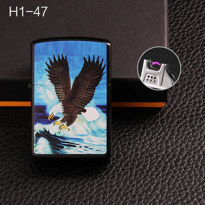 Высокое качество самая дешевая дуговая Зажигалка Ветрозащитная USB Электронная Зажигалка Череп дешевая перезаряжаемая Зажигалка беспламенная подарочная коробка - Цвет: Eagle