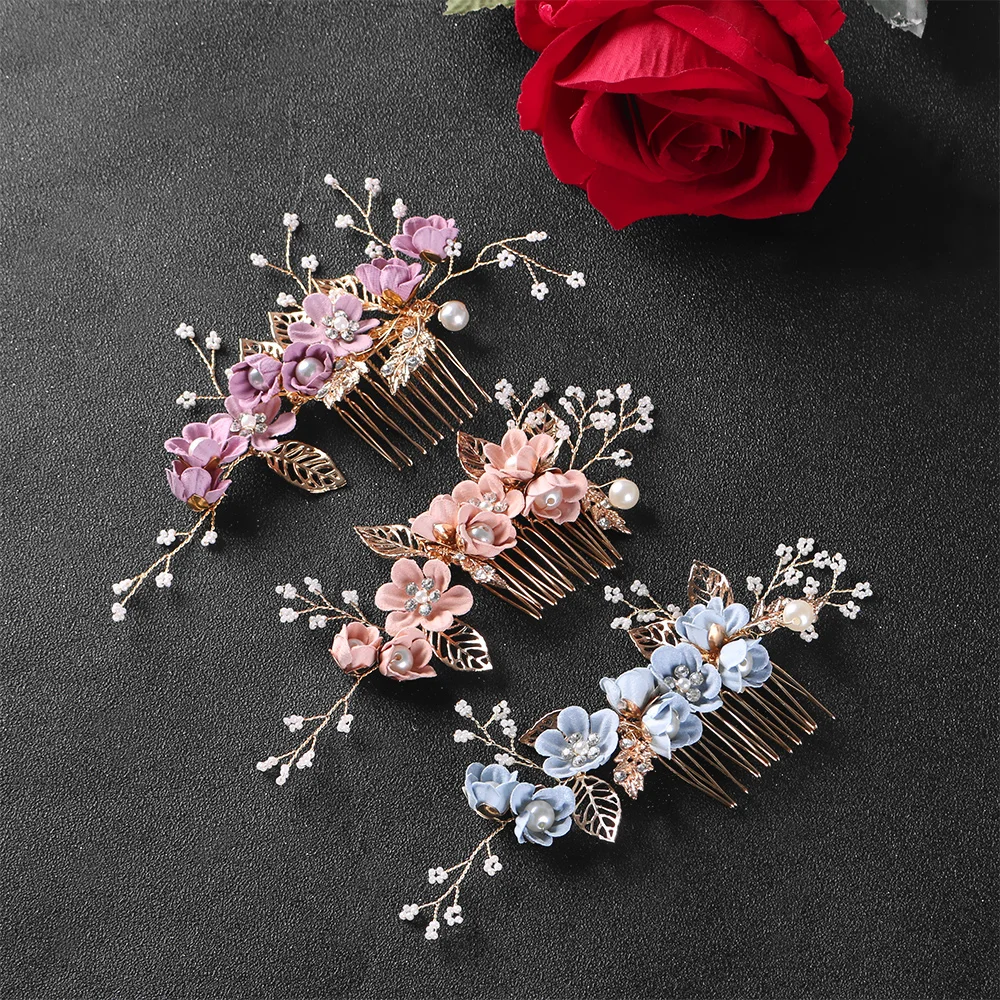 

2019 New Fashion Luxury Blue Flower Hair Combs Headdress Prom Bridal Wedding Hair Accessories Gold Leaves Hair Jewelry Hair Pins