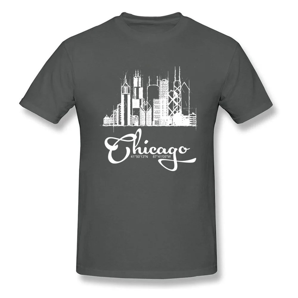 Design Pure Cotton Male Short Sleeve Tops Shirt Summer Summer/Autumn Top T-shirts Printed On Tee-Shirt Family Crewneck Chicago skyline sketch and GPS coordinates tee carbon