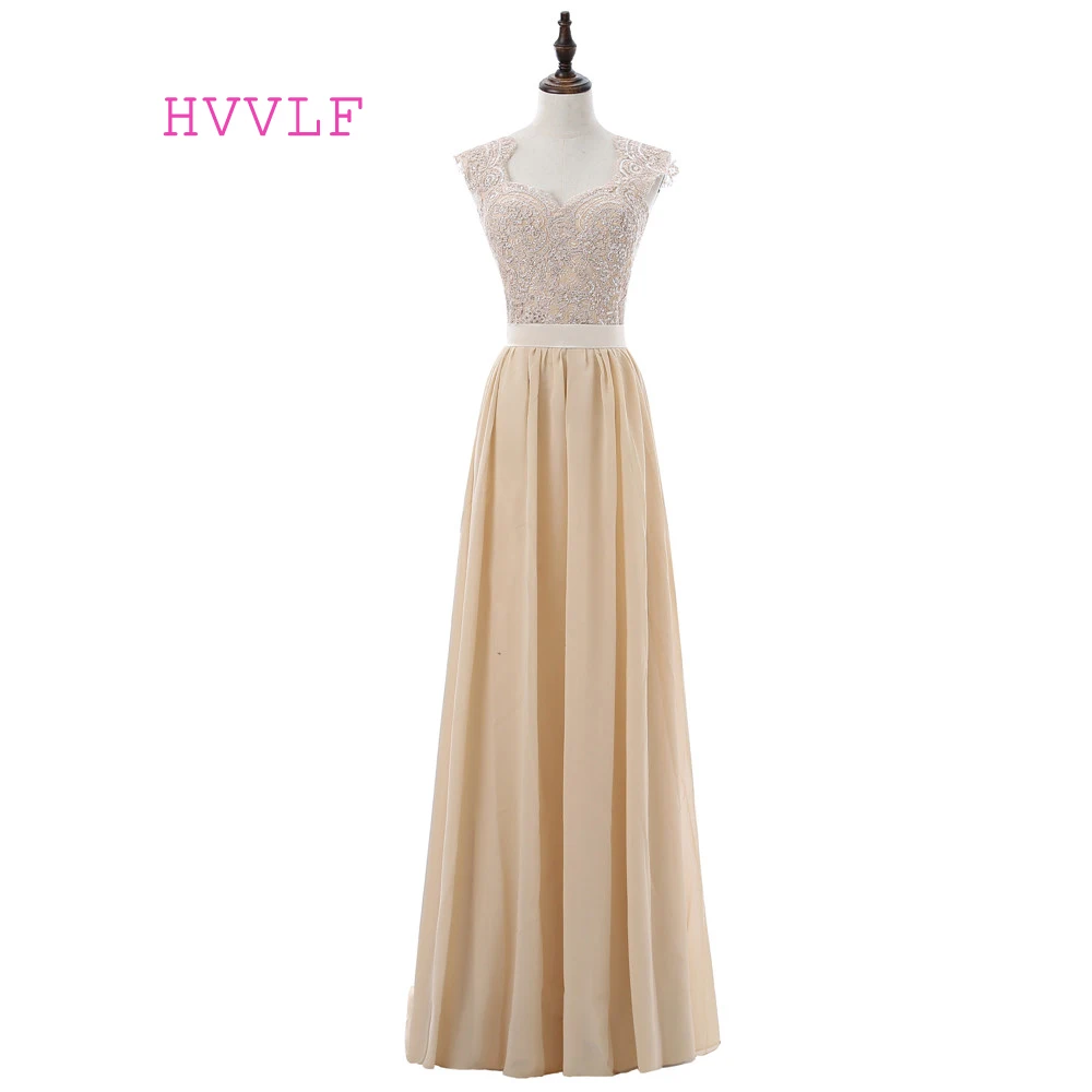 Champagne 2019 A-line Cap Sleeves Chiffon Sequins Lace Long Bridesmaid Dresses Cheap Under 50 Wedding Party Dresses