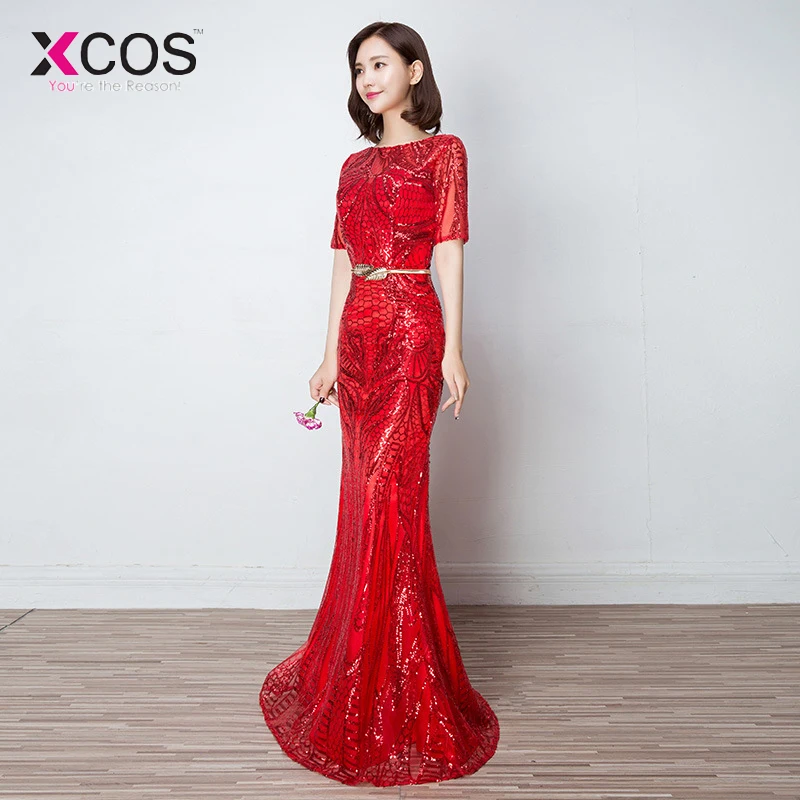 XCOS розовое золото красный фиолетовый четыре цвета прозрачная задняя вечерние блестка вечернее платье с коротким рукавом сексуальные