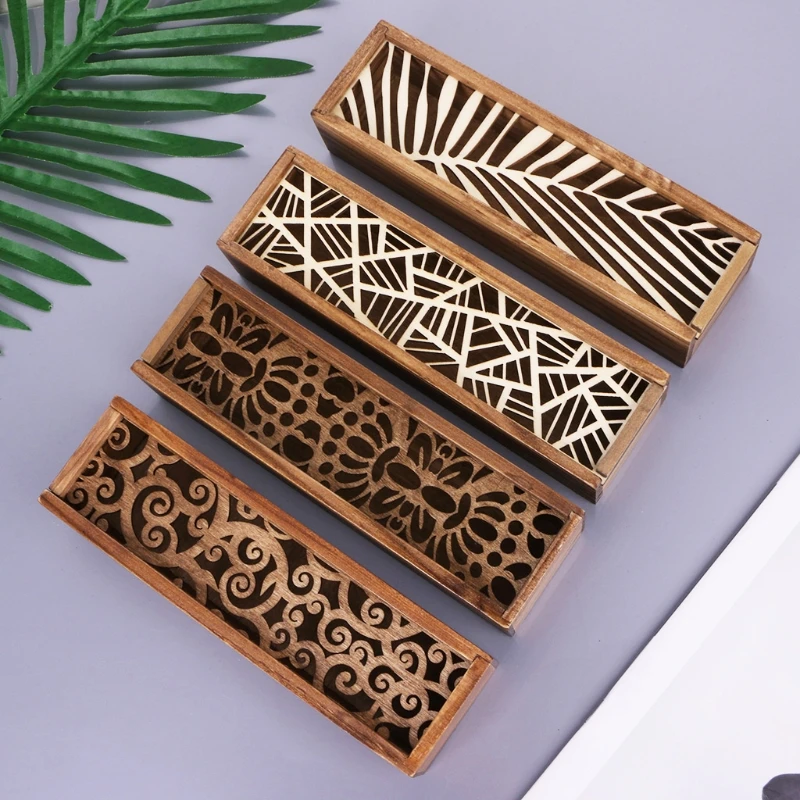 

Retro Wooden Stationery Case Hollow Out Boxes Desktop Pencil Storage Organizer