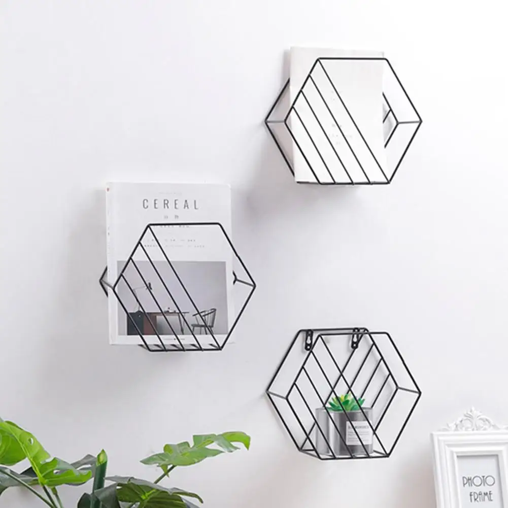 

Creative Iron Hexagonal Grid Wall Rack Combination Wall Hanging Geometric Pattern Wall Decorative Newspaper Rack For Living Room