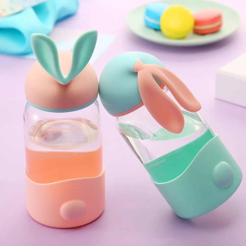

Sports Water Bottle Cute Rabbit Glass Portable Creative Mini Hand With Rope Cup Cover Cartoon Glass Water Bottles Travel Cups