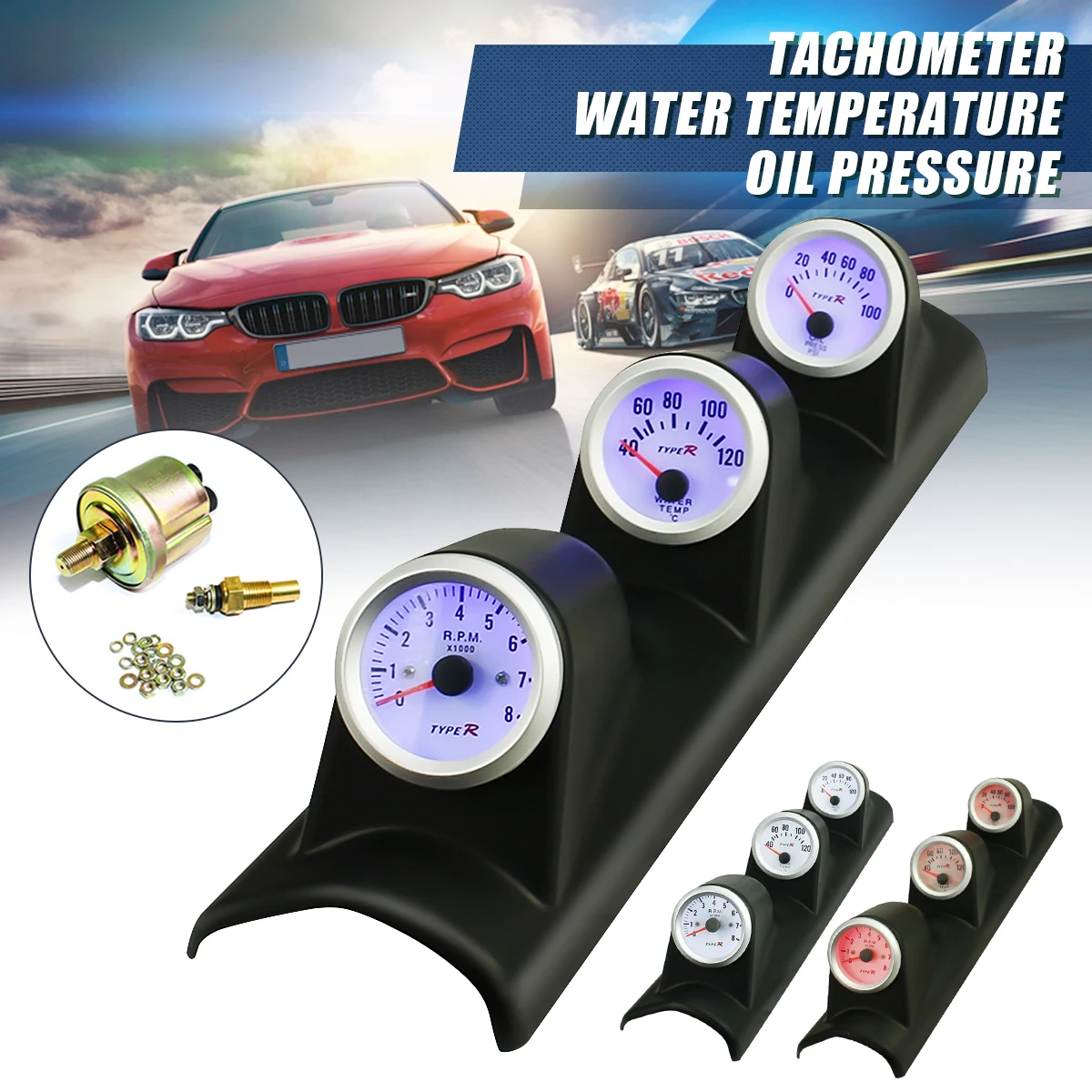 

3in1 2" (52mm) DC12V Car Led Tachometers Gauge+Water Temperature Gauge+Oil Pressure Gauge Universal Auto Professional Gauges