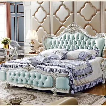 

Italian Renaissance Walnut Pearl green color leather king Bed