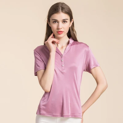 Женская футболка, натуральный шелк, Базовая рубашка, короткая, стоячая шея, джемпер,, осень, новинка, белый, черный, плюс размер, топы - Цвет: Cameo